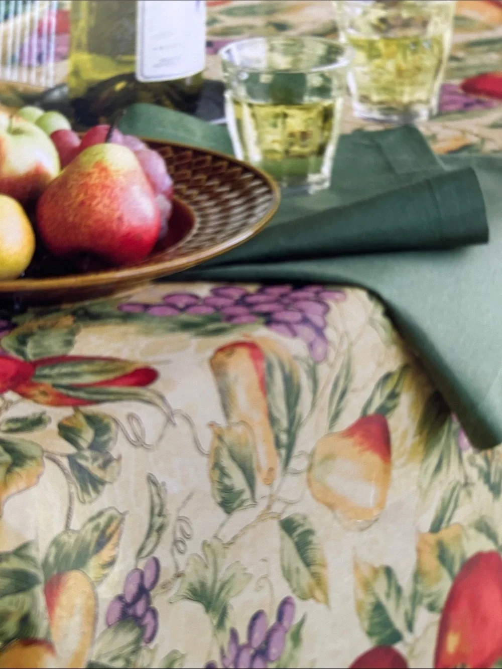 Food Network Bella Frutta Tablecloth — Cream with Red, Green, Purple Accents